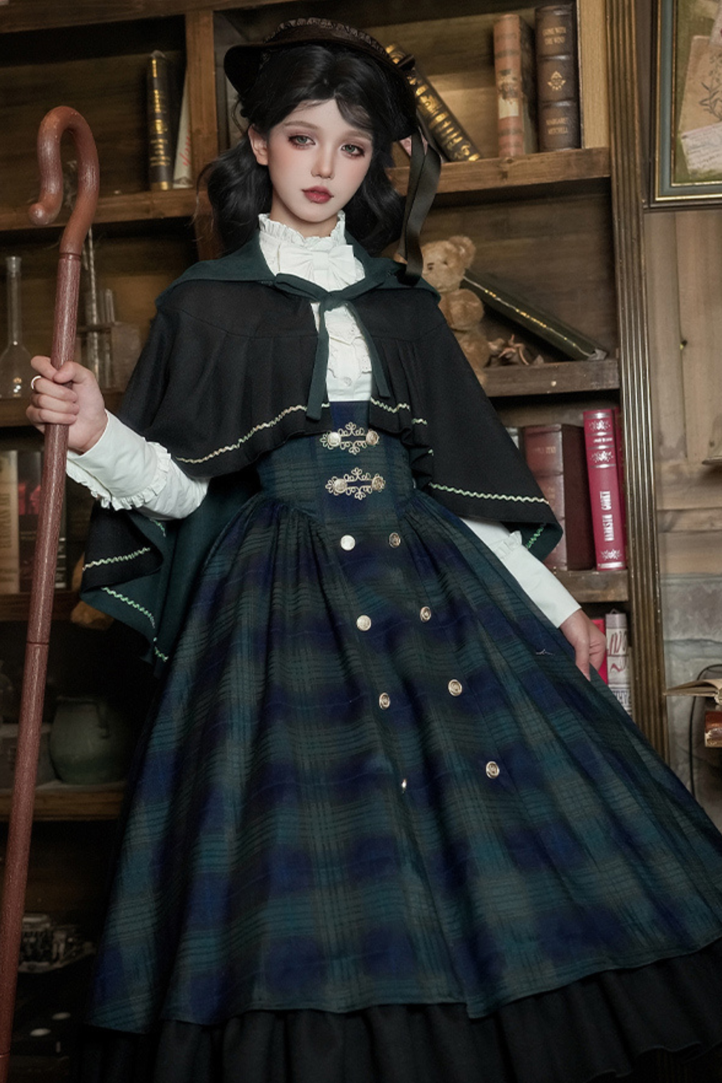 レトロカレッジスタイルチェックロリータスカート＋ジャケット＋マント＋ブラウス＋リボン＋ネックレス