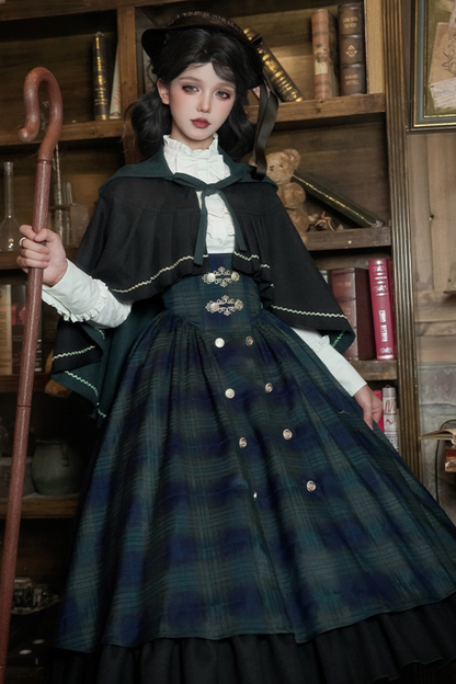 レトロカレッジスタイルチェックロリータスカート＋ジャケット＋マント＋ブラウス＋リボン＋ネックレス