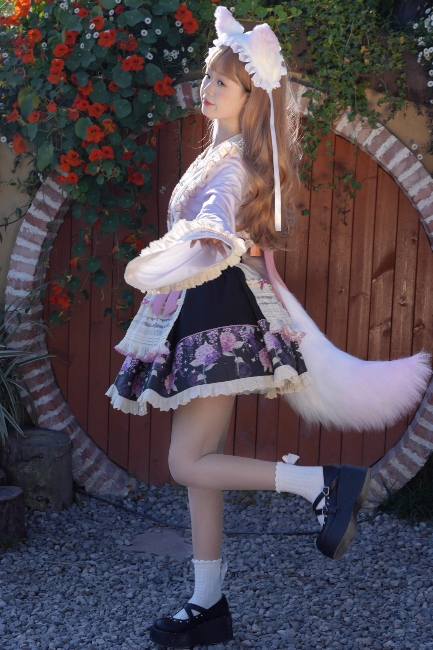 フローラルチャイナロリータトップス+スカート+エプロン+カチューシャ+ボンネット