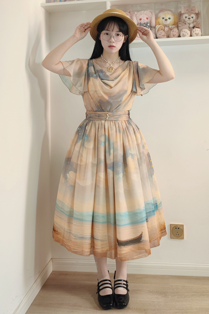 マーブルリゾートシフォンプリントドレス