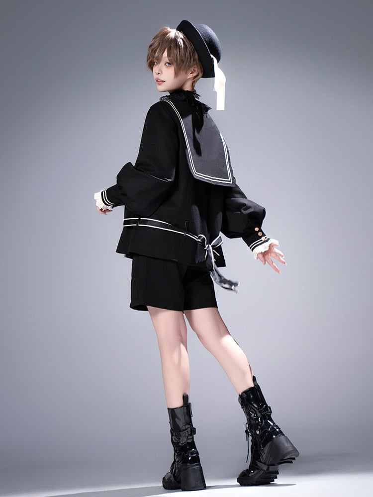 College Style Prince Sailor Collar Jacket Shorts Set + Hat