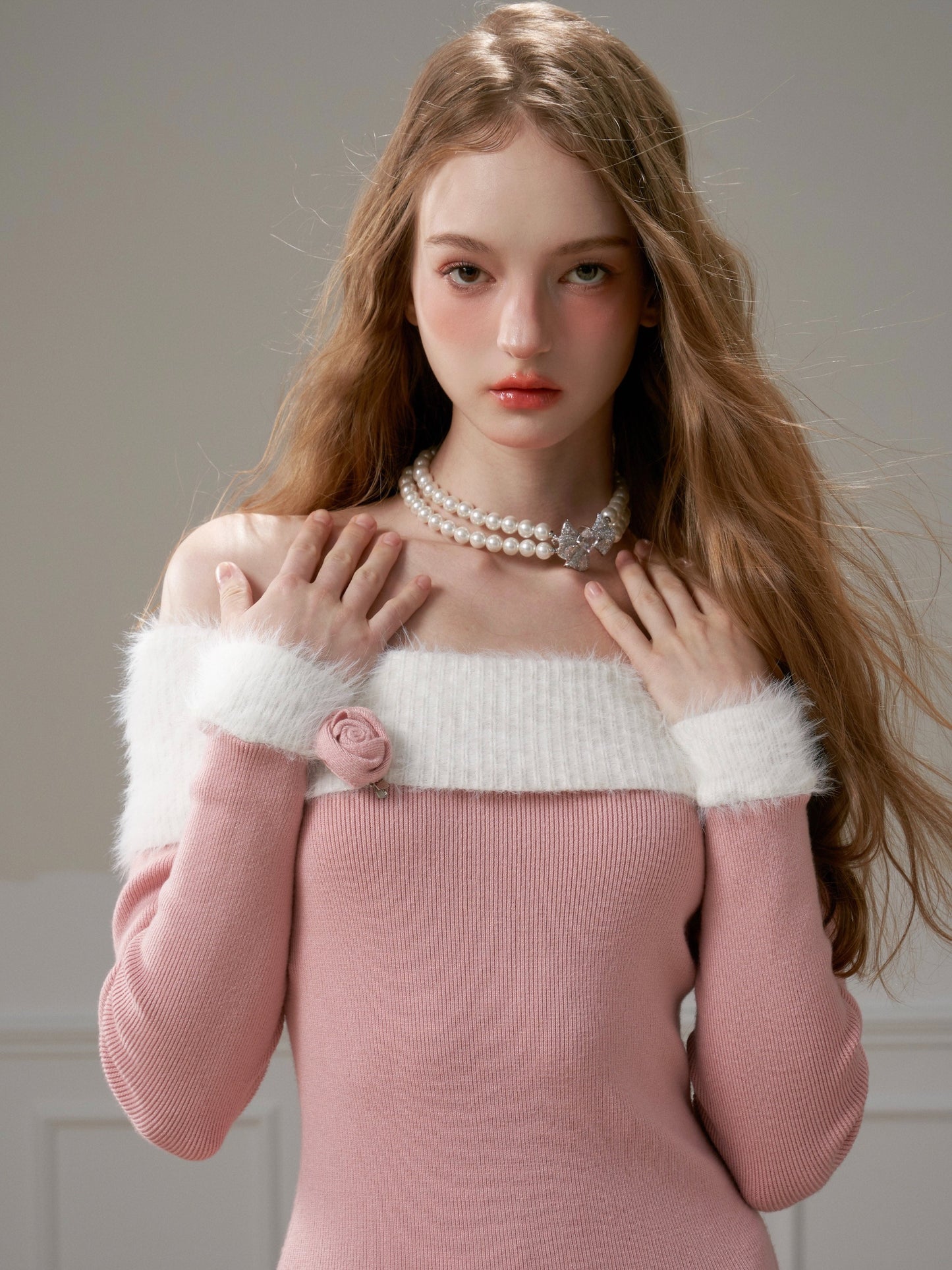 Rose Ballet Sweet Girly Off-the-shoulder Knit Dress