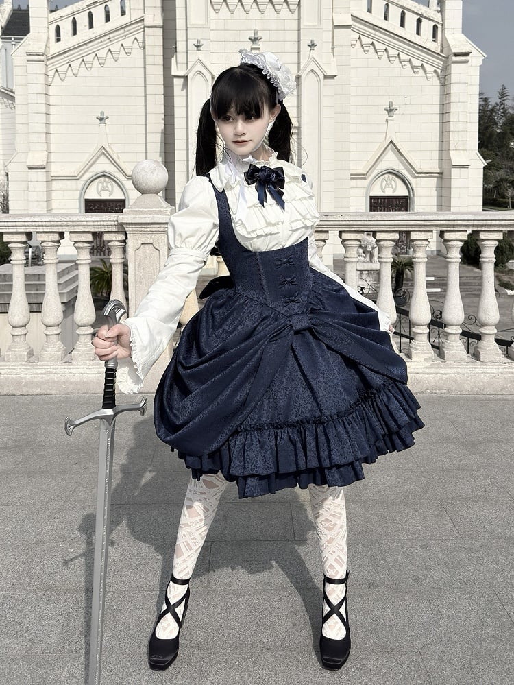 【4月18日予約締切】ダークゴシックロリータスタンドカラーパフスリーブラッフルシャツ（ロングスリーブ付き）