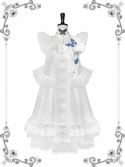 [Vorbestellfrist: 1014] Schwarz/weißes Gothic-Lolita-Set aus Puppenkleid mit Schmetterlingsschleife, Bandkragen und Flatterärmeln + Puppenkleid mit eckigem Ausschnitt und Flatterärmeln