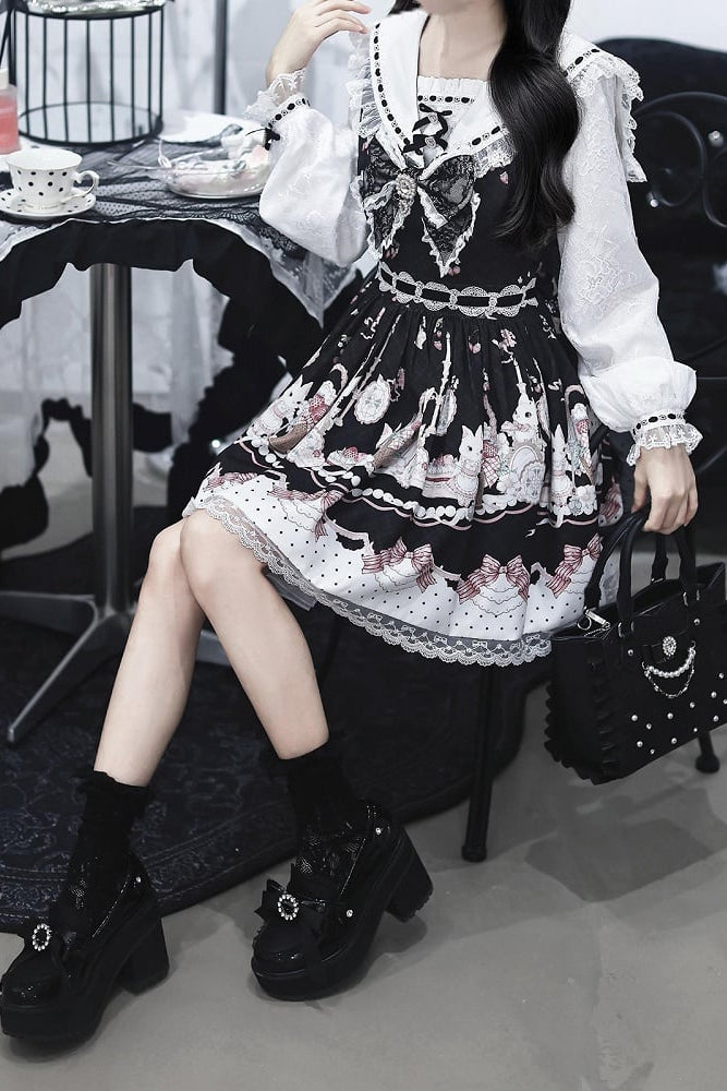 【8月30日予約締切】Black and Pink rabbit print lace sailor collar Op dress +pleated dress skirt set＋ 3 Styles of Bow Tie Available
