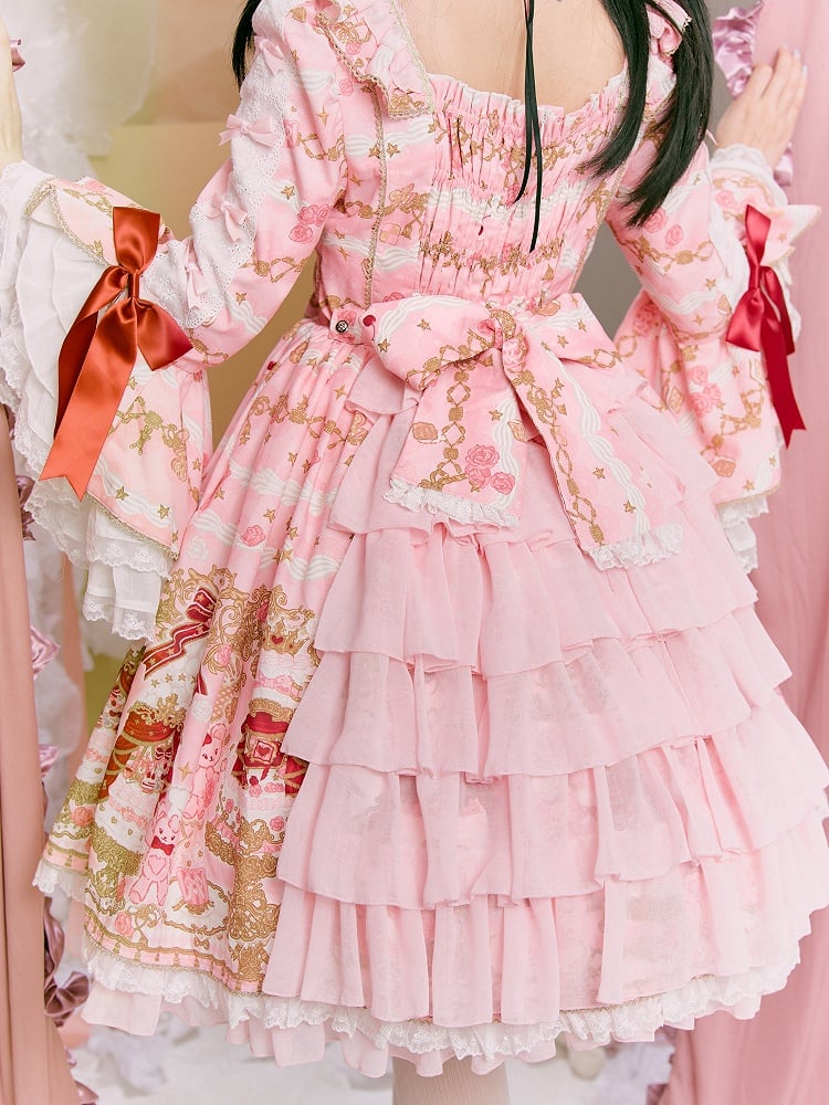 【4月26日予約締切】レトロロマンスイートロリータリボンケーキプリントゴージャス姫袖ドレス