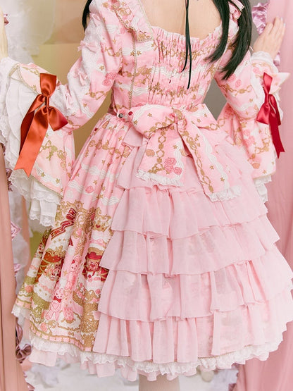 【4月26日予約締切】レトロロマンスイートロリータリボンケーキプリントゴージャス姫袖ドレス