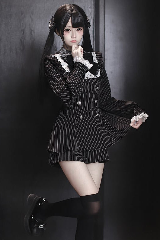 【12月15日予約締切】ダークゴシックレースダブルブレストストライプスーツセット＋ヘアアクセサリー