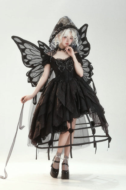 【10月28日予約締切】Black Butterfly Gothic Lolita Puff Sleeve Dress Top + Layered Ruffle Asymmetrical Hem Skirt Set (With Chest Brooch + Waist Brooch)