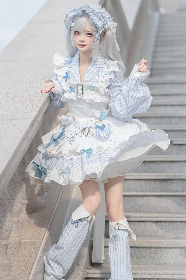 【11月5日予約締切】Blue White Striped Medical Lolita Nurse Sickly Kawaii Dress Suit Full Set (Shirt + Skirt + Apron + Back Ribbon + Leg Covers)