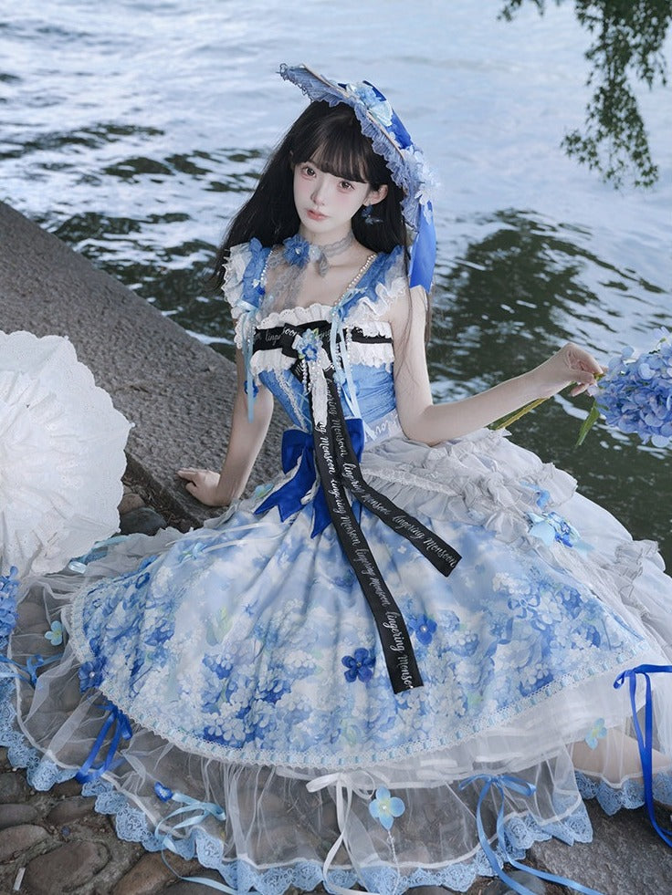 【9月29日予約締切】Blue Floral Print And Embroidered Elegant Lolita Lace JSK Dress Full Set (Overskirt, Brooch And Ribbon, Embroidered Belt, Decorative Shoulder Straps, Embroidered Accessories)