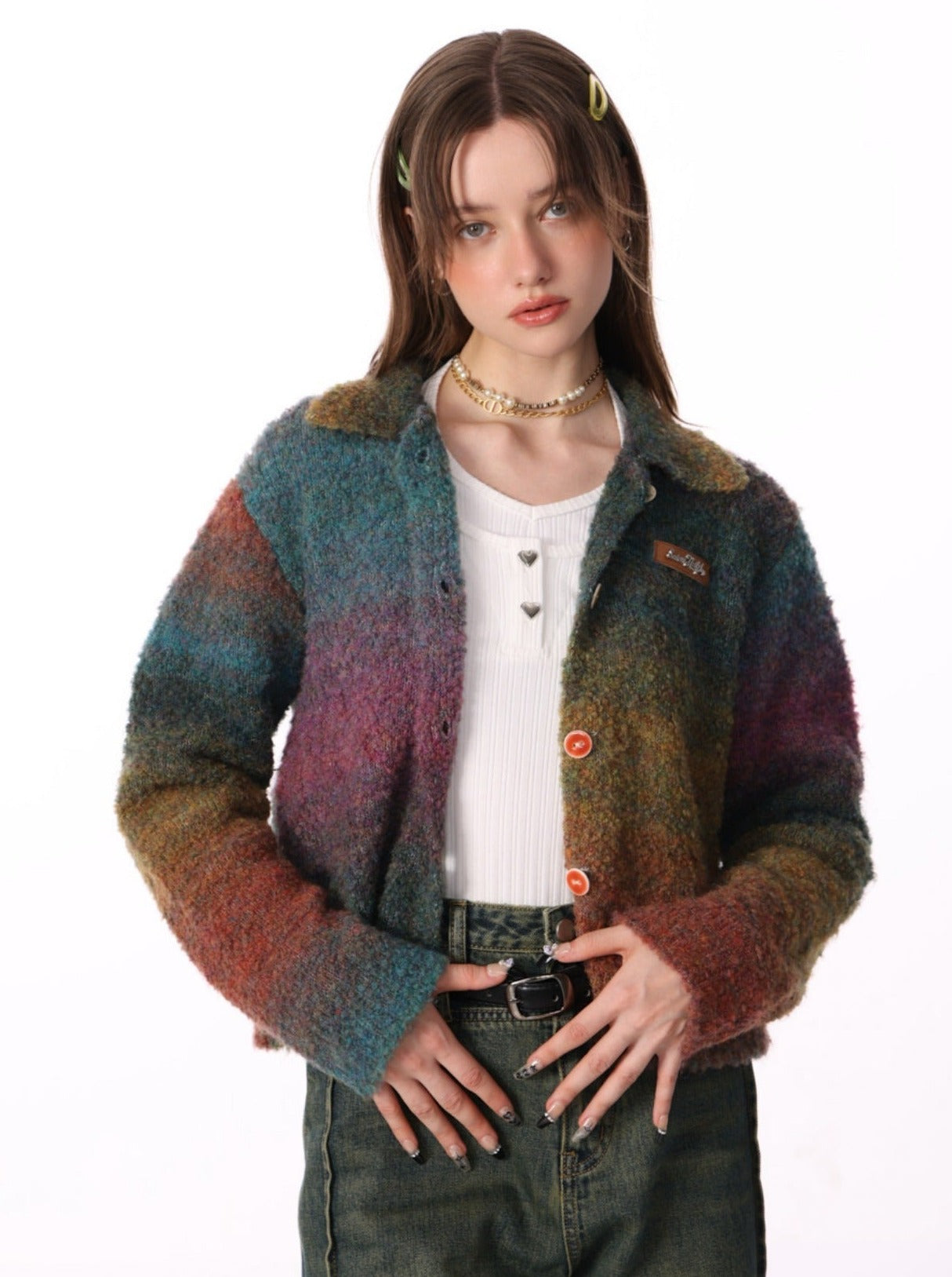 Gradient Polo Collar Soft Wax Wool Retro Cardigan