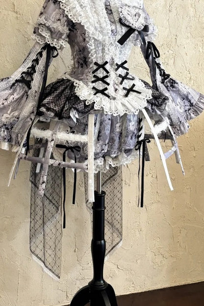 [Reservierungsschluss: 10. Monat, 6. Tag] Black Castle Bunny-Gothic-Doll-Spitzen-Korsett-Top mit Puffärmeln + Shorts + Rüschen-Überrock + Birdcage-Überrock Set 1/2/3