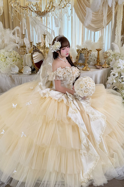 [예약상품] 4월 4일 예약마감]애프리콧 웨딩 로리타 원피스+숄+소매+리본 테일+베일