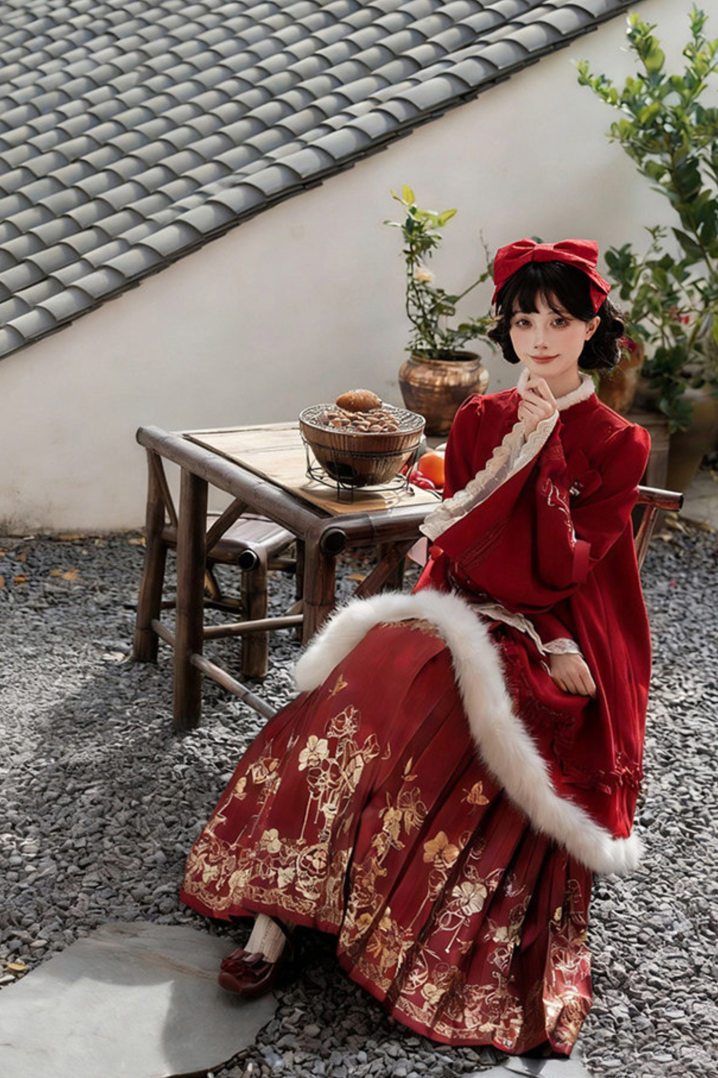 China Big Sleeve Dress + Apron + Skirt + Leg Warmers + Hairband + Clip + Pin