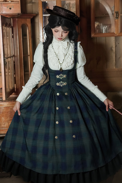 レトロカレッジスタイルチェックロリータスカート＋ジャケット＋マント＋ブラウス＋リボン＋ネックレス
