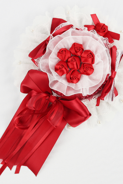 ローズレースロリータボンネット+ハット+ヘアバンド+クリップハット+クラウン