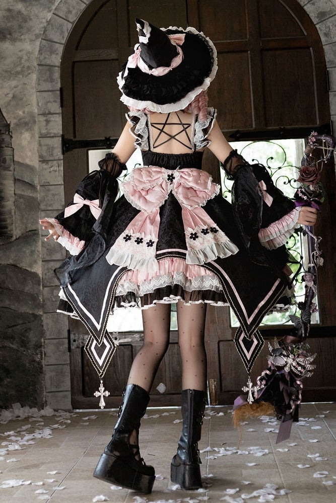 [Date limite de précommande : 14 septembre] Ensemble complet Gothic Black Pink Witch : robe JSK à croix + grande traîne à nœud + cape à capuche + manches amovibles + chapeau de sorcière + manches extérieures