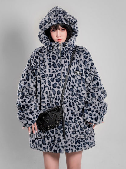 Cat Ear Leopard Fur Coat with Hood