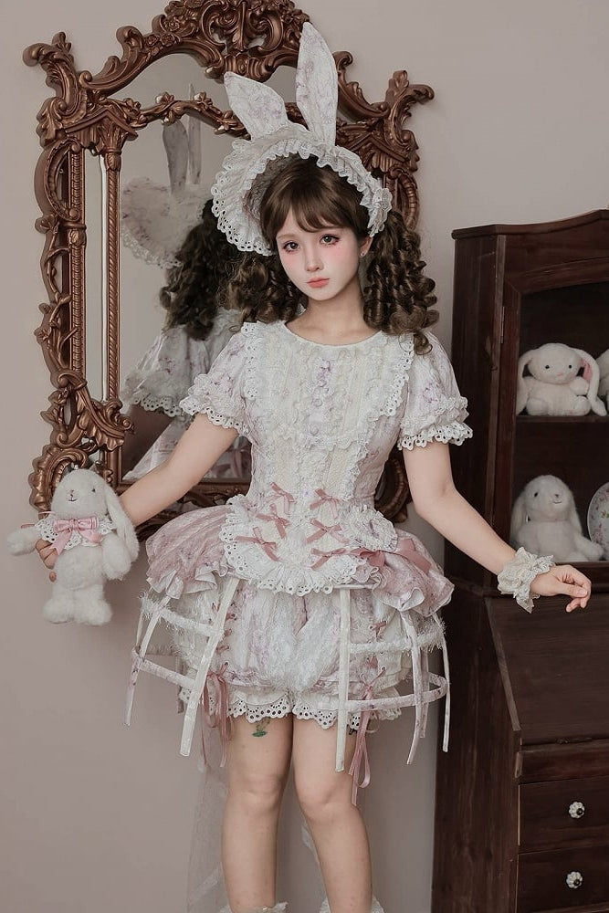 [Date limite de précommande : 6 octobre] Pink Castle Bunny ensemble poupée romantique avec haut corset à manches bouffantes en dentelle + short + surjupe à volants + surjupe cage à oiseaux Set 1/2/3