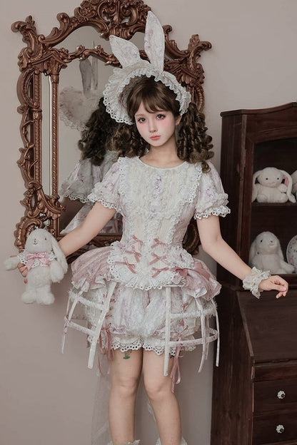 [Date limite de précommande : 6 octobre] Pink Castle Bunny ensemble poupée romantique avec haut corset à manches bouffantes en dentelle + short + surjupe à volants + surjupe cage à oiseaux Set 1/2/3
