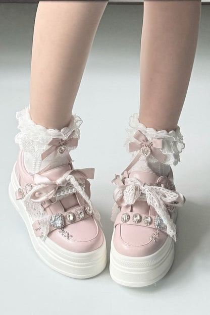 【10月6日予約締切】White/Pink/Black Rhinestone Buckle Lace Cross Charm Ribbon Chunky Sneakers