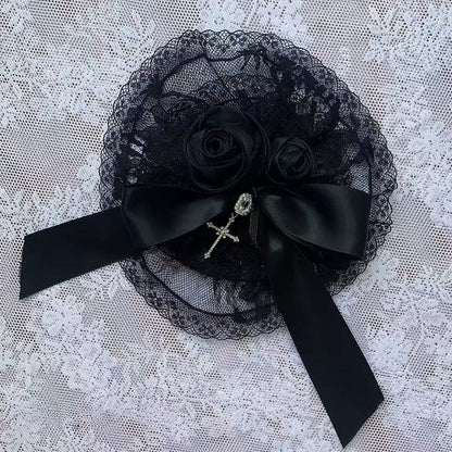 [Reservierungsschluss am 15. Juli] Schwarzes Gothic-Tüllkleid im Lagenlook mit Schmuckschleife + Rosenkreuz-Haarspange + Handgelenkmanschetten