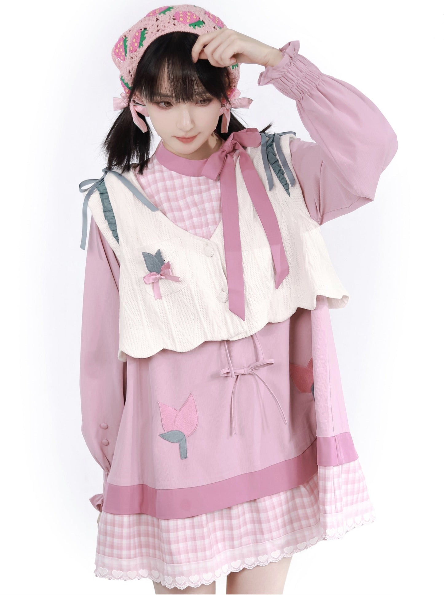 Dreamy Pink Forest Girl Layered Knit Shirt Skirt Suit