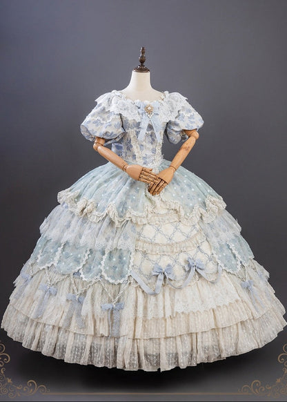【9月10日予約締切】Pink/Blue Rococo Fantasy Puff Sleeve Ribbon Tiered Princess Lolita Dress Bridal＋Full set[Op Dress + Feather Hat + Choker + Back Ribbon Train + Lace Gloves]