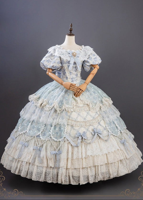【9月10日予約締切】Pink/Blue Rococo Fantasy Puff Sleeve Ribbon Tiered Princess Lolita Dress Bridal＋Full set[Op Dress + Feather Hat + Choker + Back Ribbon Train + Lace Gloves]