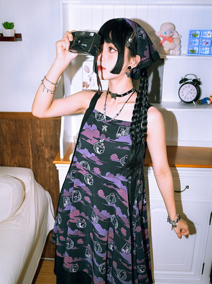 Dark print suspender skirt