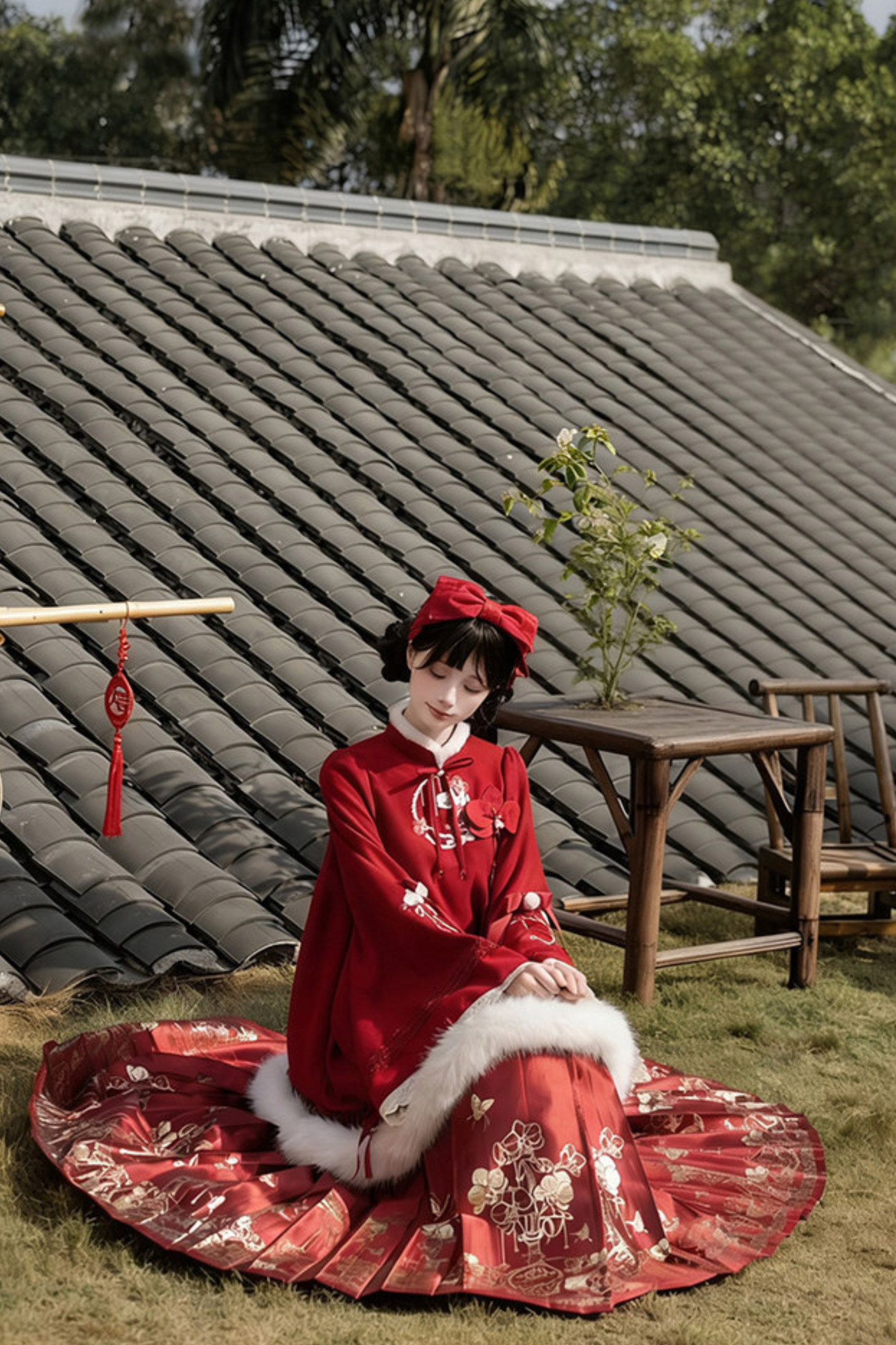 China Big Sleeve Dress + Apron + Skirt + Leg Warmers + Hairband + Clip + Pin