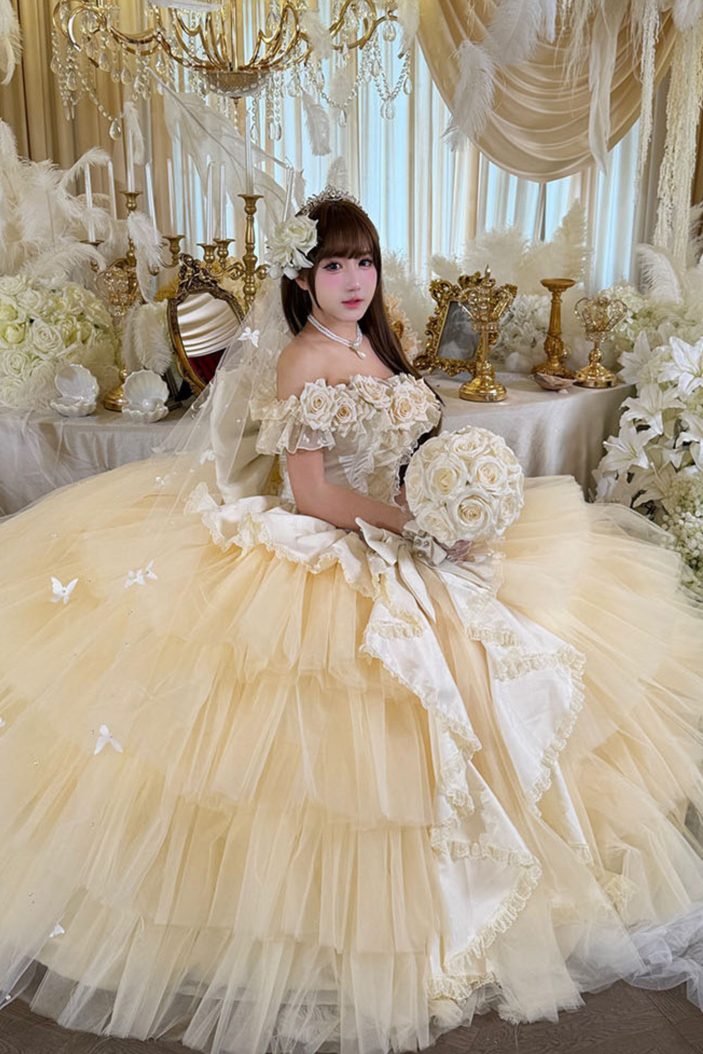 [예약상품] 4월 4일 예약마감]애프리콧 웨딩 로리타 원피스+숄+소매+리본 테일+베일