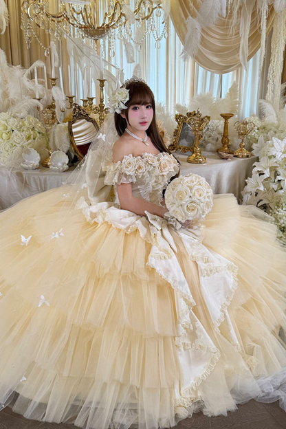 [예약상품] 4월 4일 예약마감]애프리콧 웨딩 로리타 원피스+숄+소매+리본 테일+베일