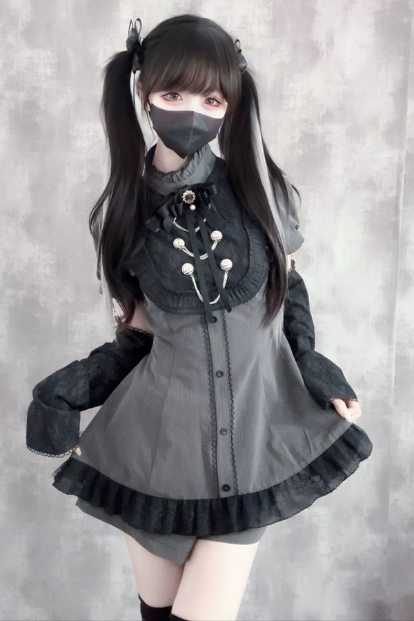 地雷ダークトップス+パンツ+ブローチ+スリーブ