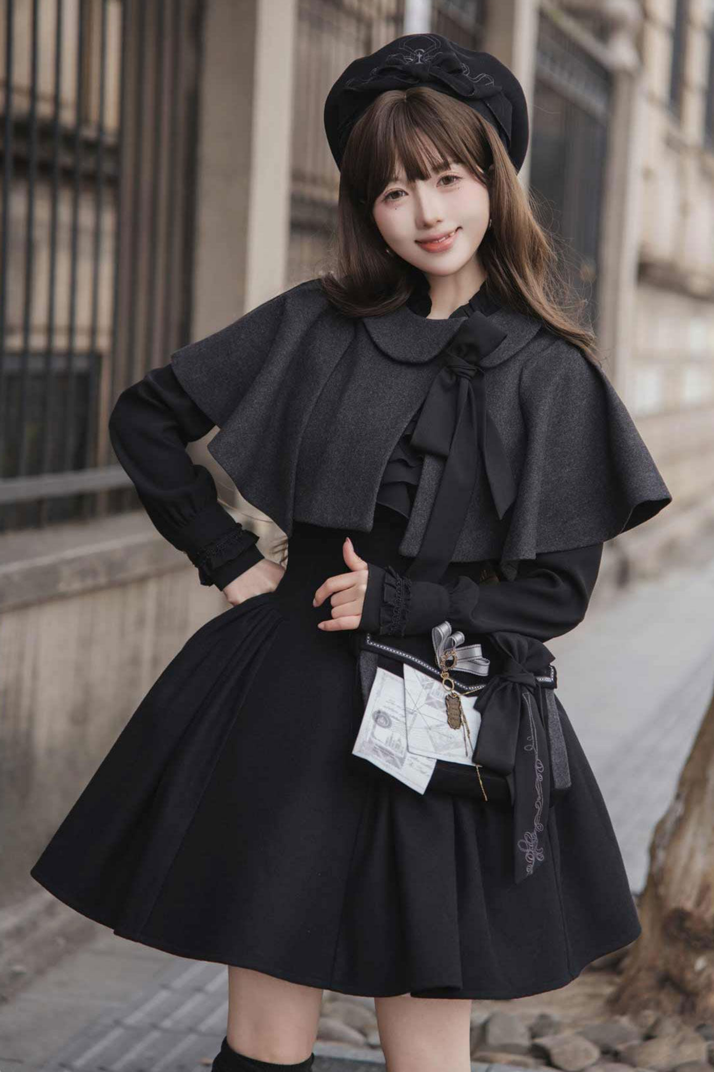 英國偵探蘿莉塔外套+披肩+裙子+襯衫+包+胸針+帽子+貝雷帽+項鍊