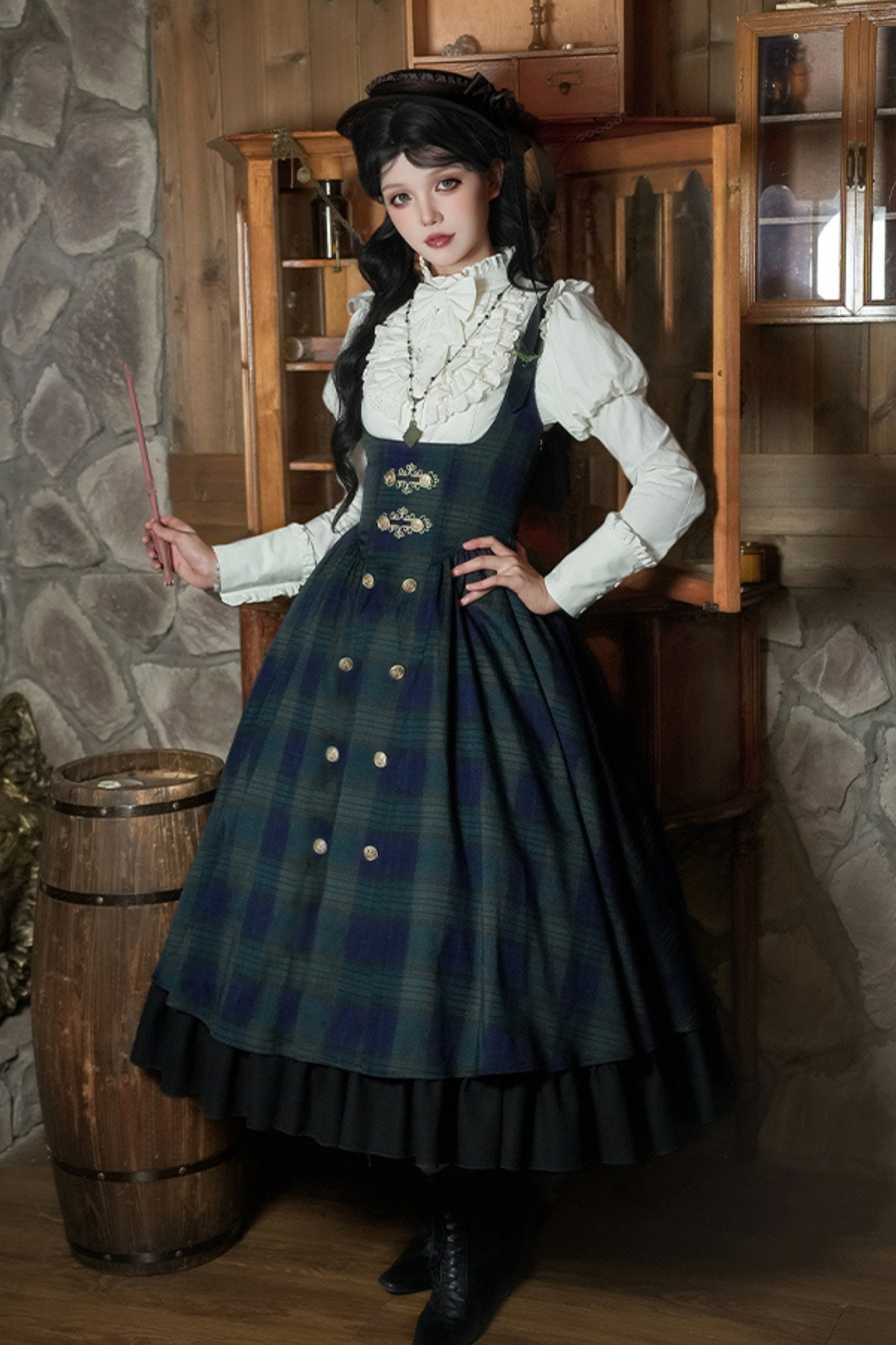 レトロカレッジスタイルチェックロリータスカート＋ジャケット＋マント＋ブラウス＋リボン＋ネックレス