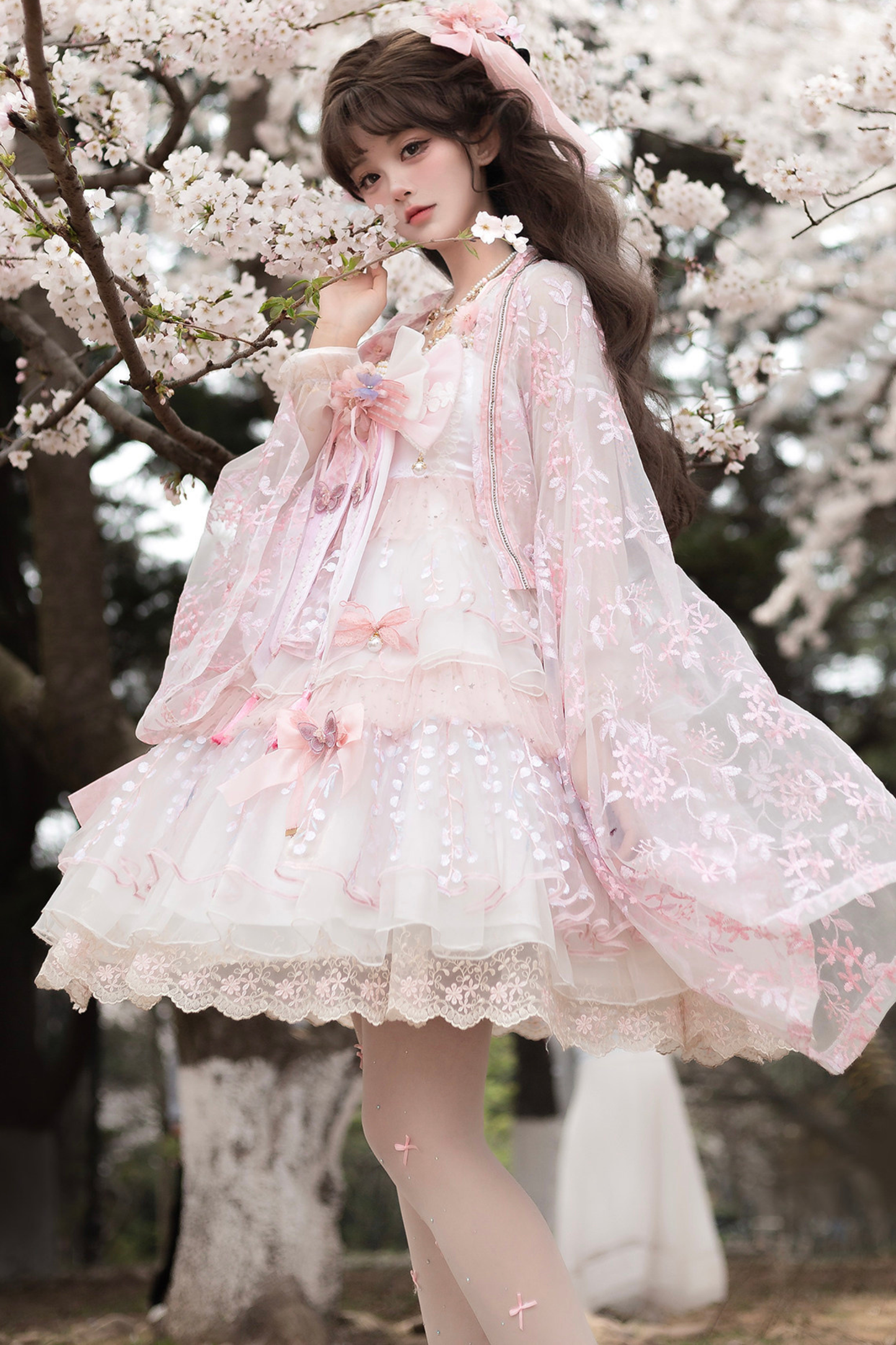 사쿠라 스위트 차이나 로리타 셔츠 + 목걸이 + 리본 + 베일 + 클립