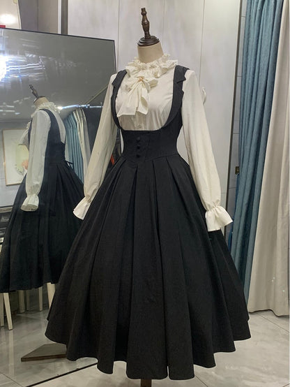 【4月14日予約締切】ダークグレークラシックラペルショルダーロリータコルセットドレス（ショート・ロングA/B）