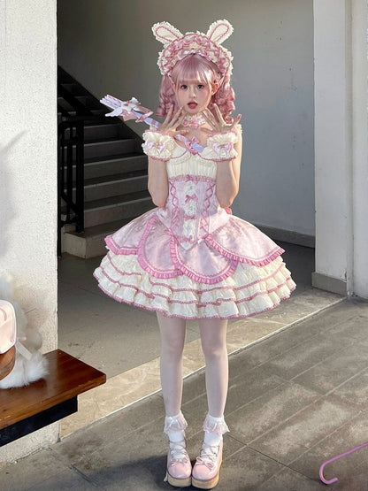 【12月17日予約締切】ピンクフローラルスイートロリータティアードドレス＋うさ耳ボンネット＋アクセサリー
