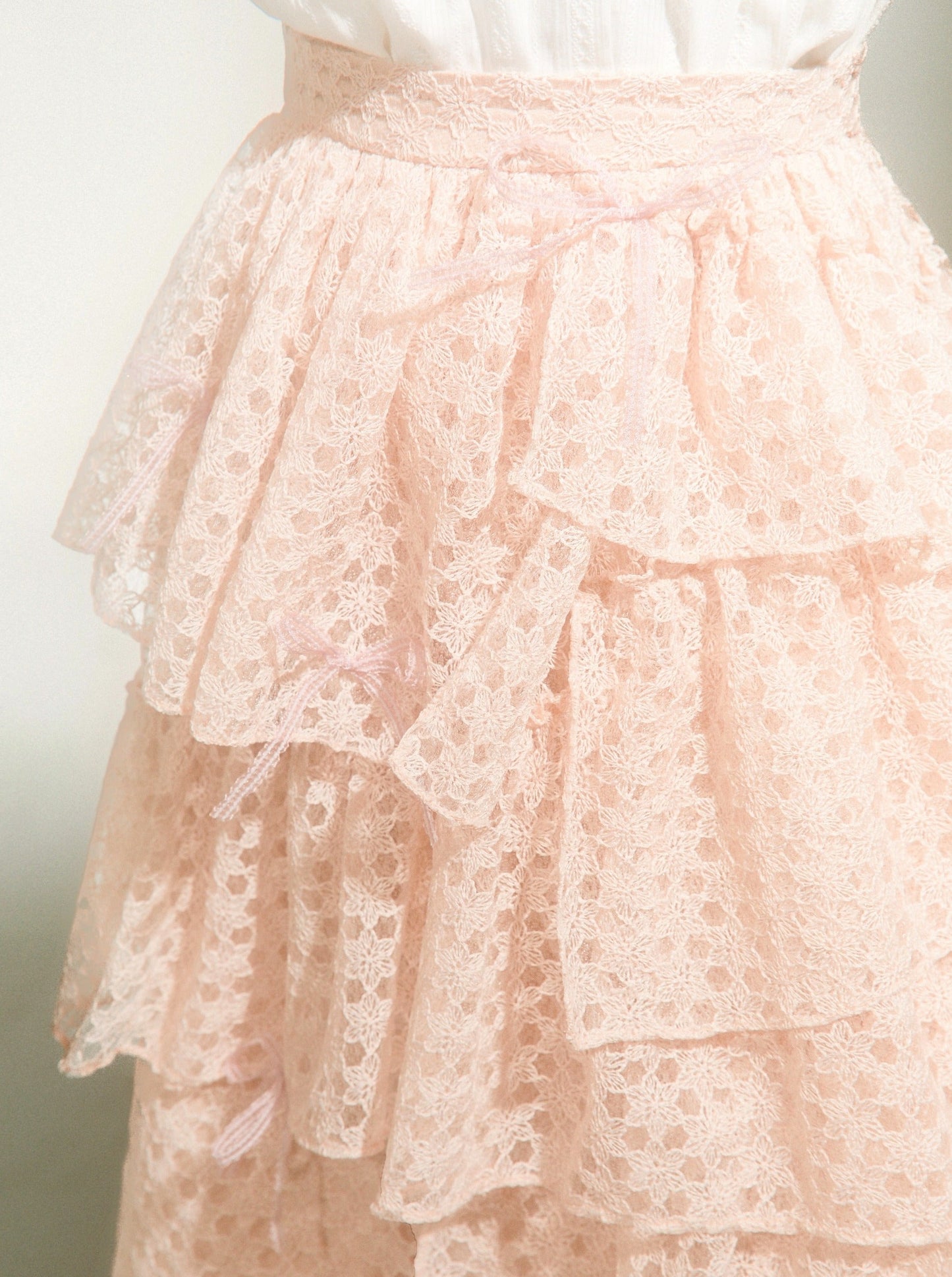 Lace Ribbon Asymmetrical Frilled Girly Long Skirt