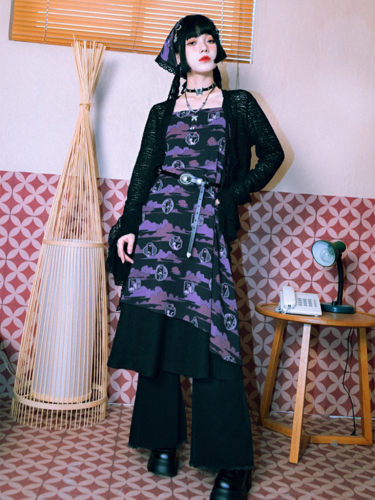 Dark print suspender skirt