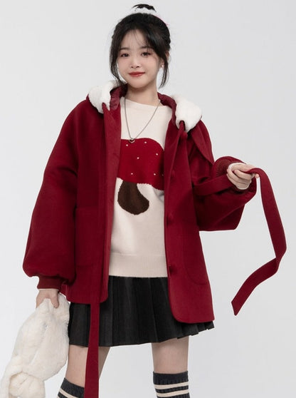 Wine Red Cat Hooded Short Wool Coat