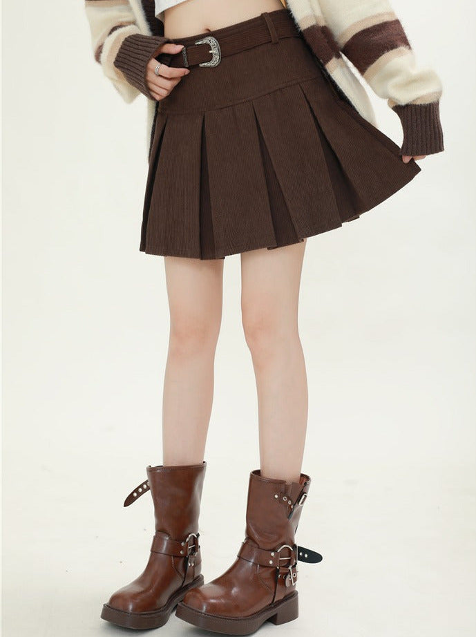 Retro Corduroy High Waist Belt Pleated Skirt