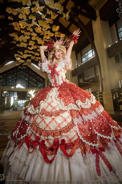 【9月10日予約締切】Red/Platinum Gold Rococo Fantasy Puff Sleeve Ribbon Tiered Princess Lolita Dress Bridal＋Full set[Op Dress + Feather Hat + Choker + Back Ribbon Train + Lace Gloves]