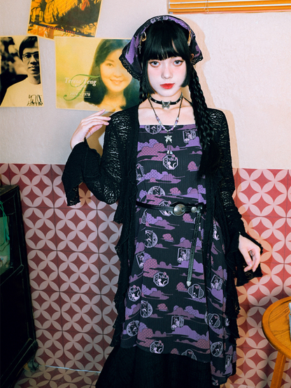 Dark print suspender skirt