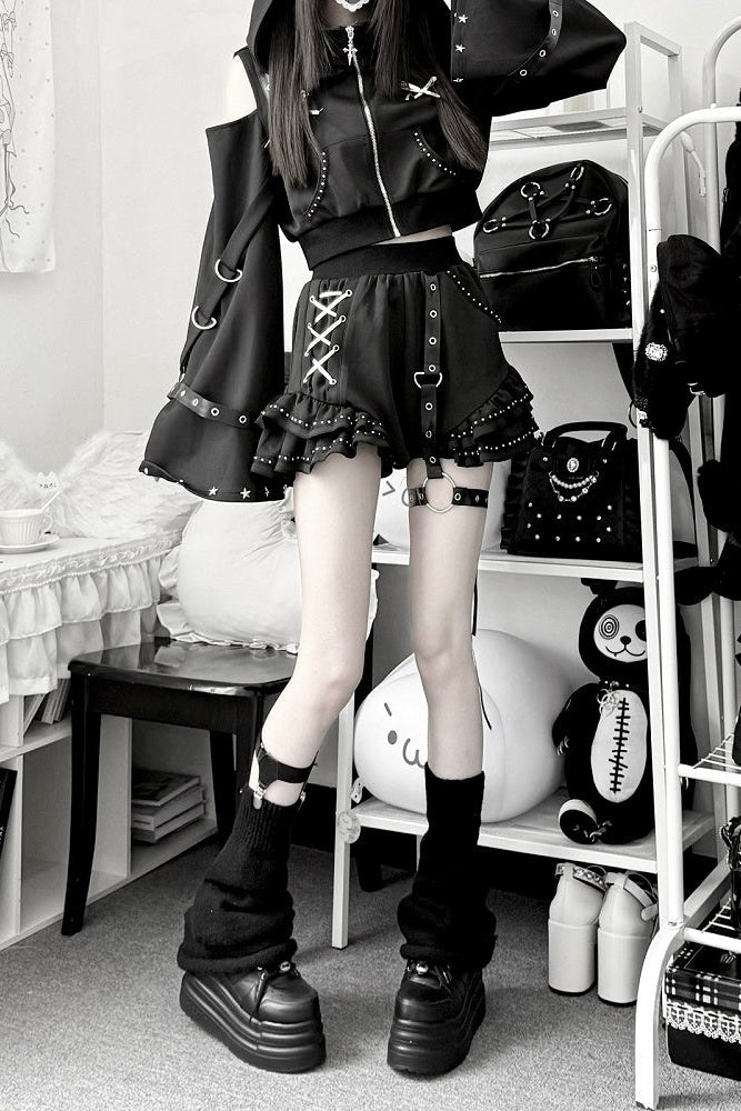 [Vorbestellungsartikel] Glänzende und mattschwarze Gothic-Cyber-Katzenohren-Kapuzenjacke mit freien Schultern und Reißverschluss+kurze Hose mit Beinringen im Set