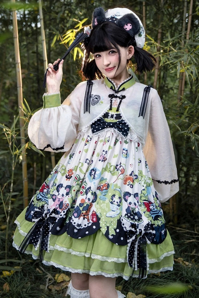 [Pre-order Deadline: October 25] Pink/Green Chinoiserie Lolita Sweet Panda Ear Bow High-Waist Tiered JSK Dress + Bow-Waist Panda Print Dress