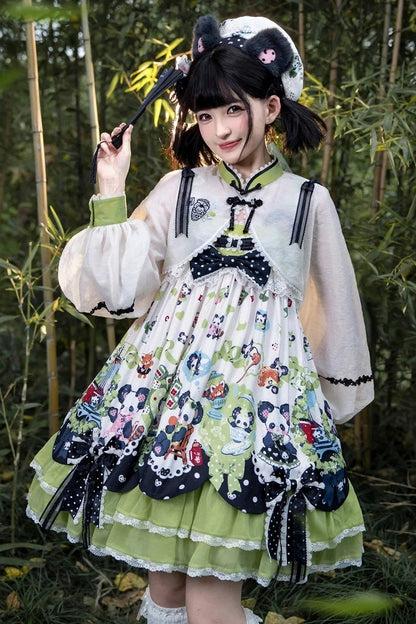 [Pre-order Deadline: October 25] Pink/Green Chinoiserie Lolita Sweet Panda Ear Bow High-Waist Tiered JSK Dress + Bow-Waist Panda Print Dress