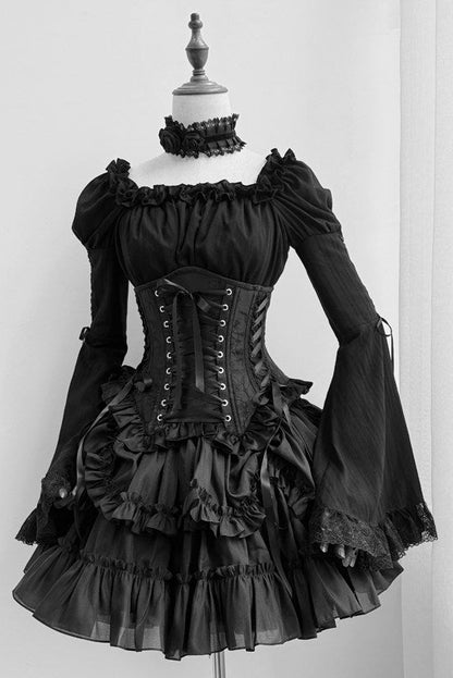 【1月29日予約締切】ブラックホワイトゴシックジャカードレースアップコルセット＋ドロストフリルスカート